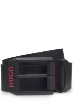 Italian-leather belt with angular logo buckle