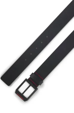 Italian-leather belt with angular logo buckle