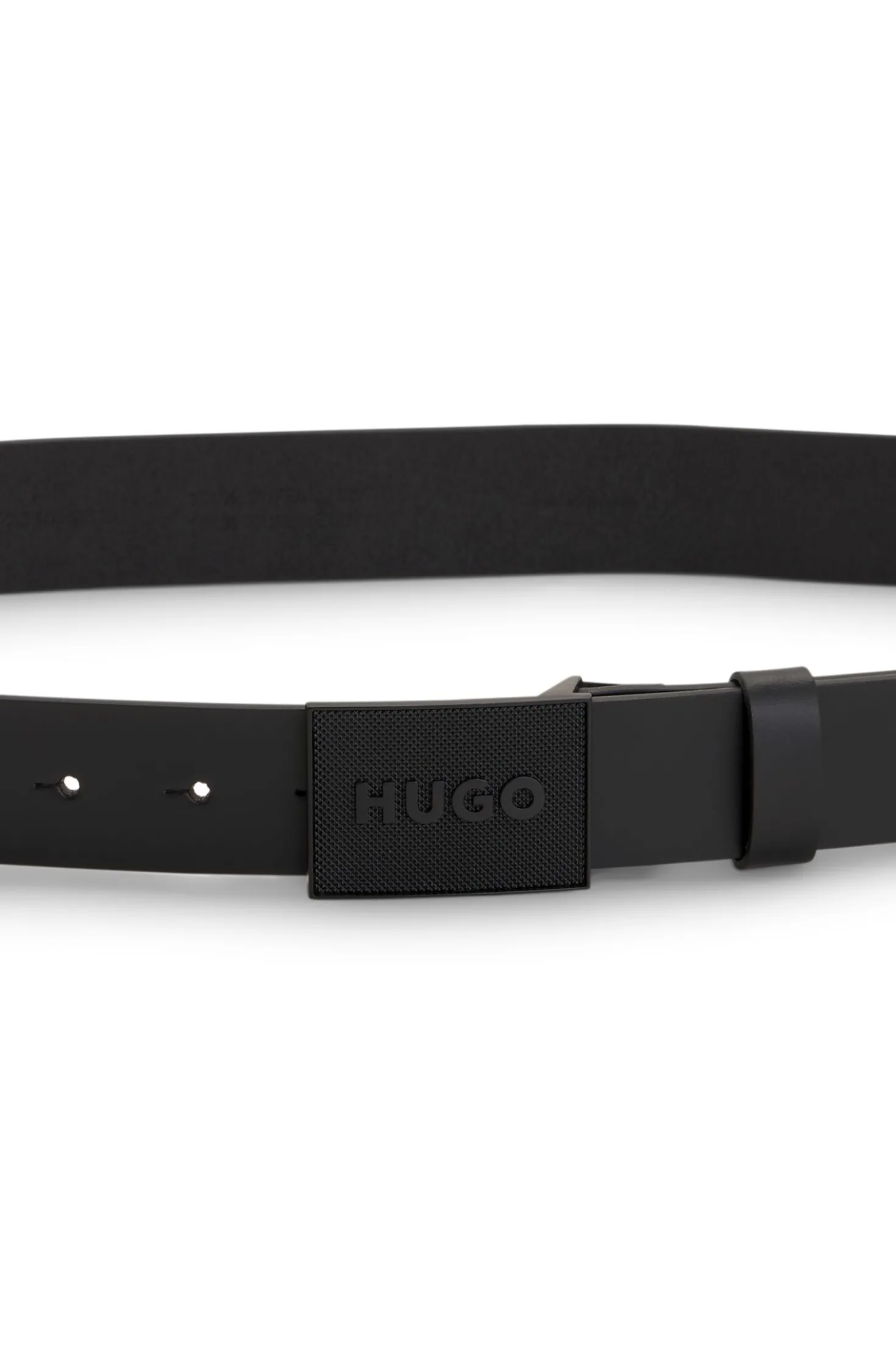 Italian-leather belt with logo plaque buckle
