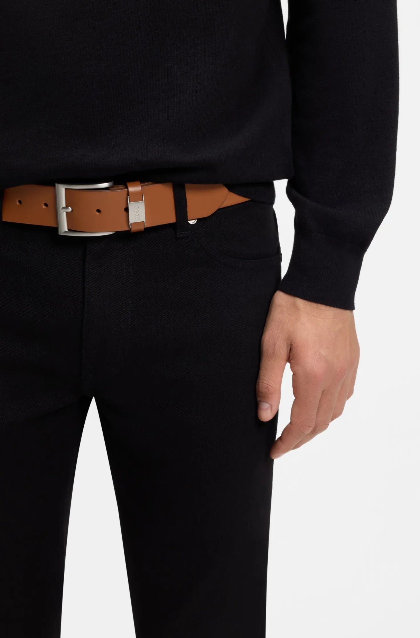 Italian-leather belt with logo keeper and brushed hardware
