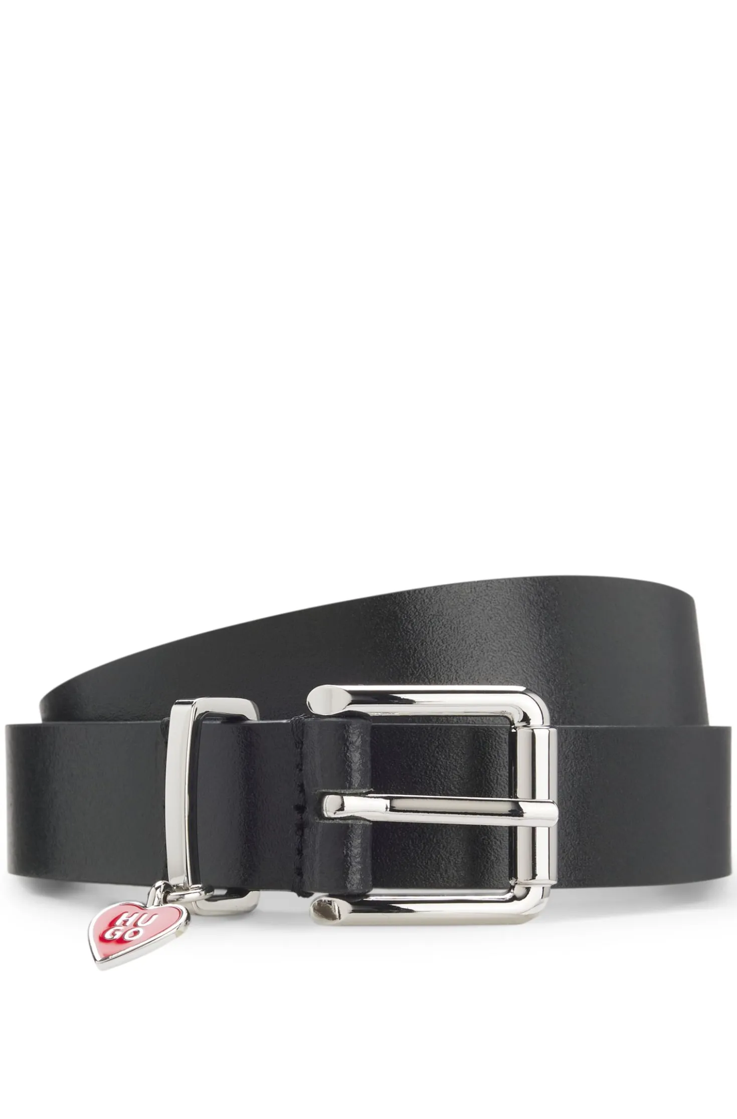 Italian-leather belt with stacked-logo keeper charm
