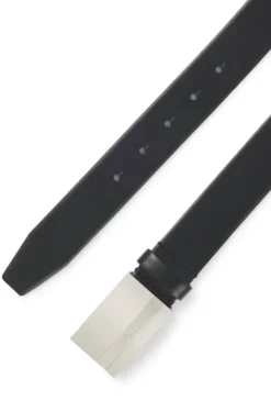 Italian-made leather belt with engraved plaque buckle