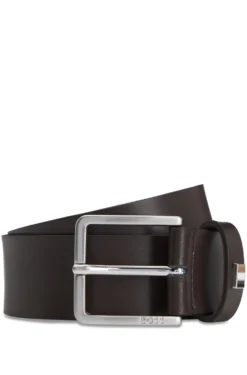 Italian-made leather belt with signature-stripe trim