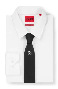 Jacquard-woven tie with metallic stacked-logo trim