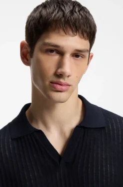 Johnny-collar knit polo in a cotton-linen jacquard