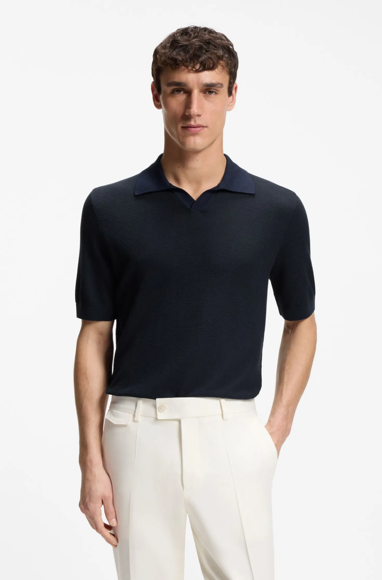 Johnny-collar knit polo in cotton and silk