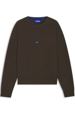 Knitted-cotton sweater with blue logo badge