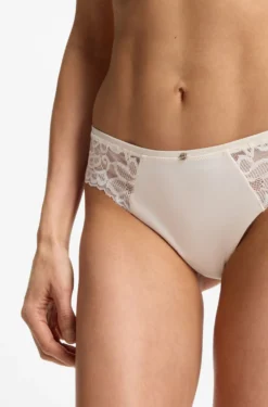 Lace briefs with mesh pleating and gold charm