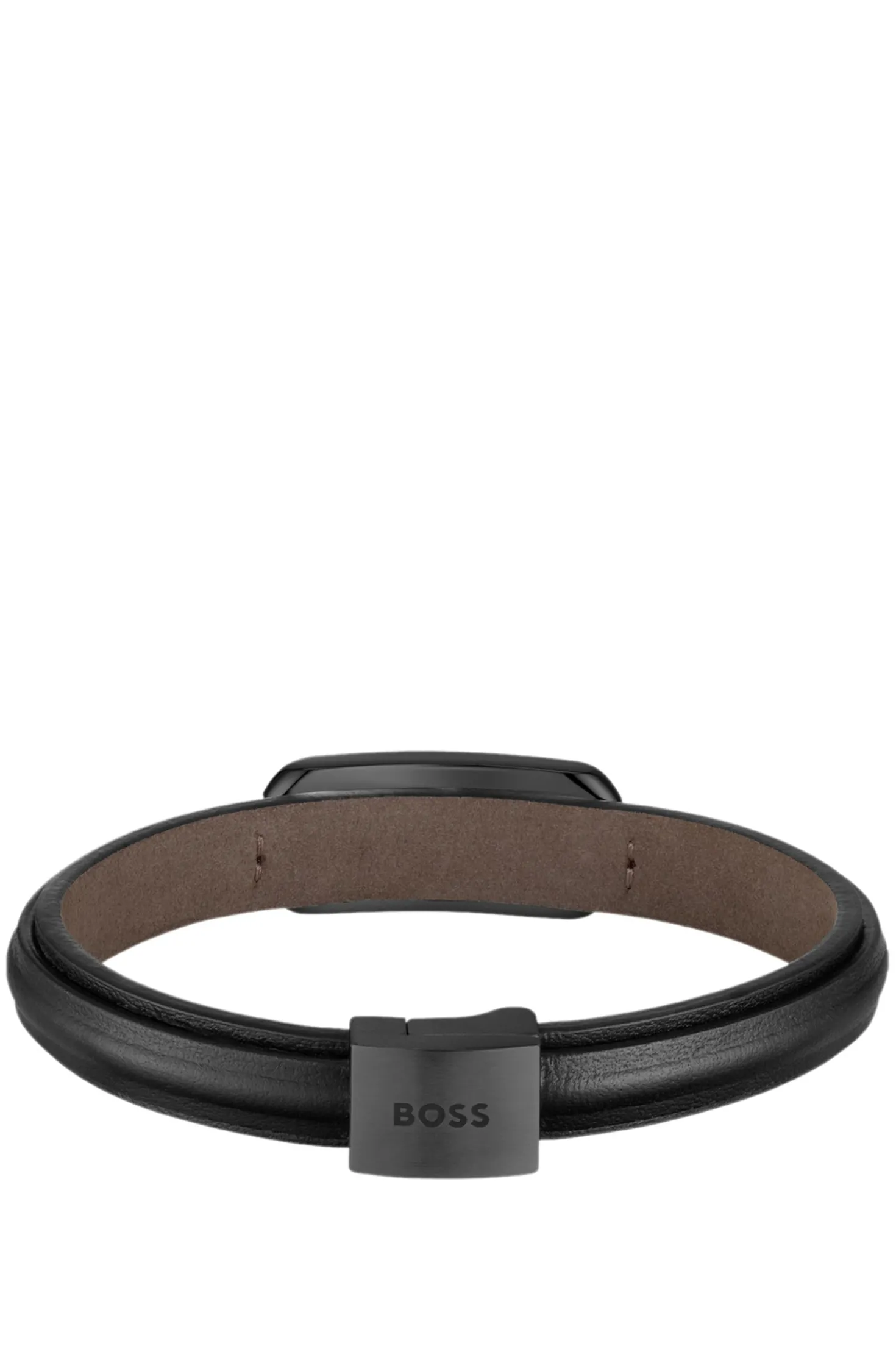 Layered leather cuff with branded black metallic link