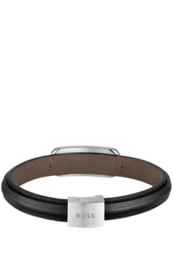 Layered leather cuff with branded silver-tone link