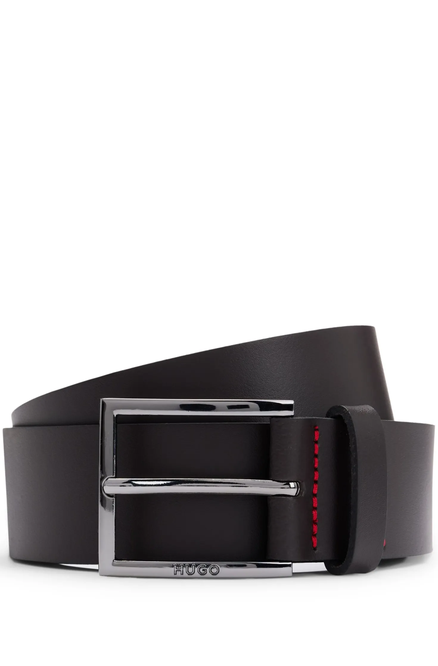 Leather belt with engraved-logo buckle