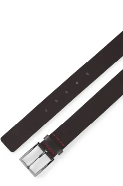 Leather belt with engraved-logo buckle