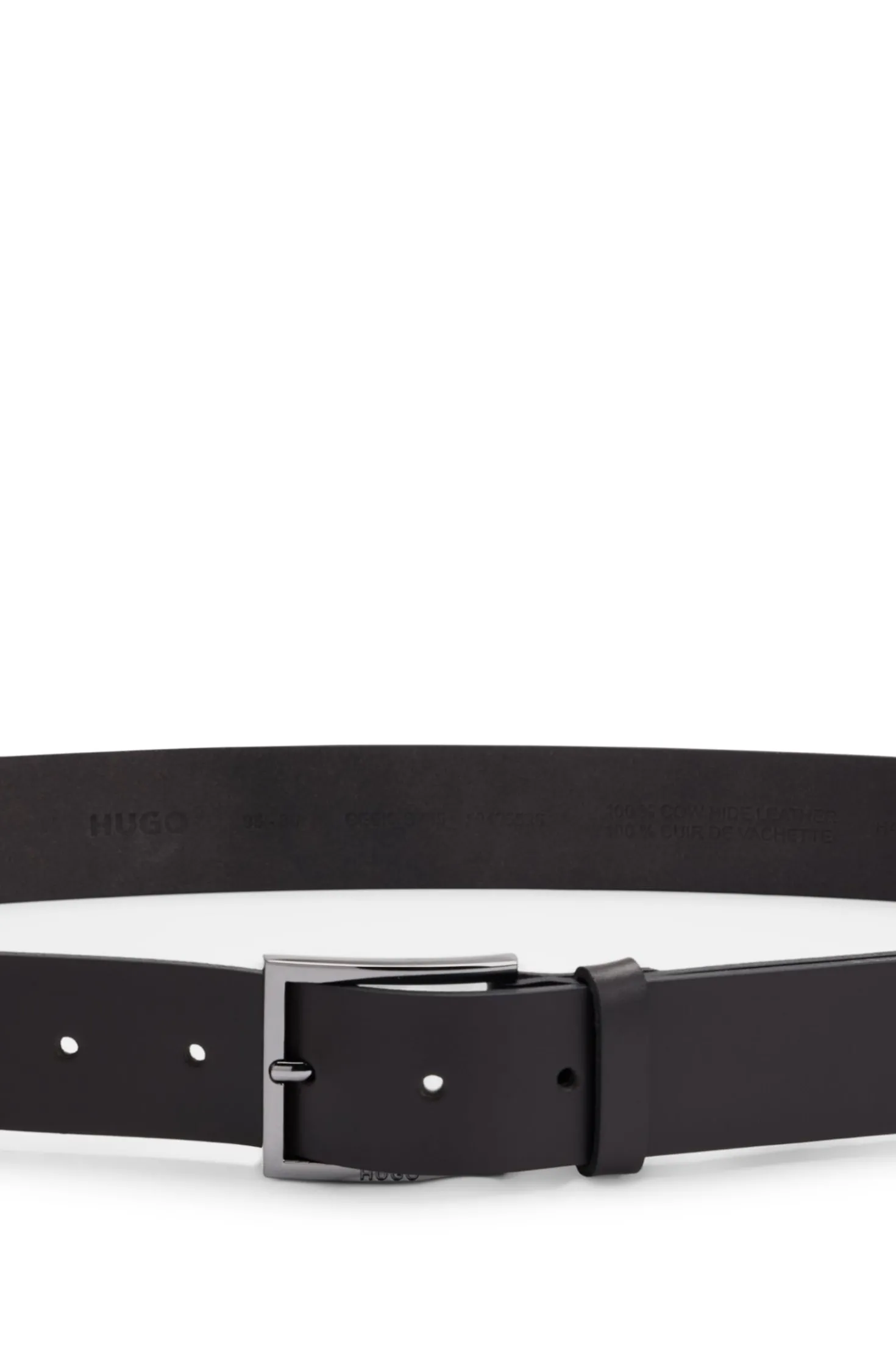 Leather belt with engraved-logo buckle