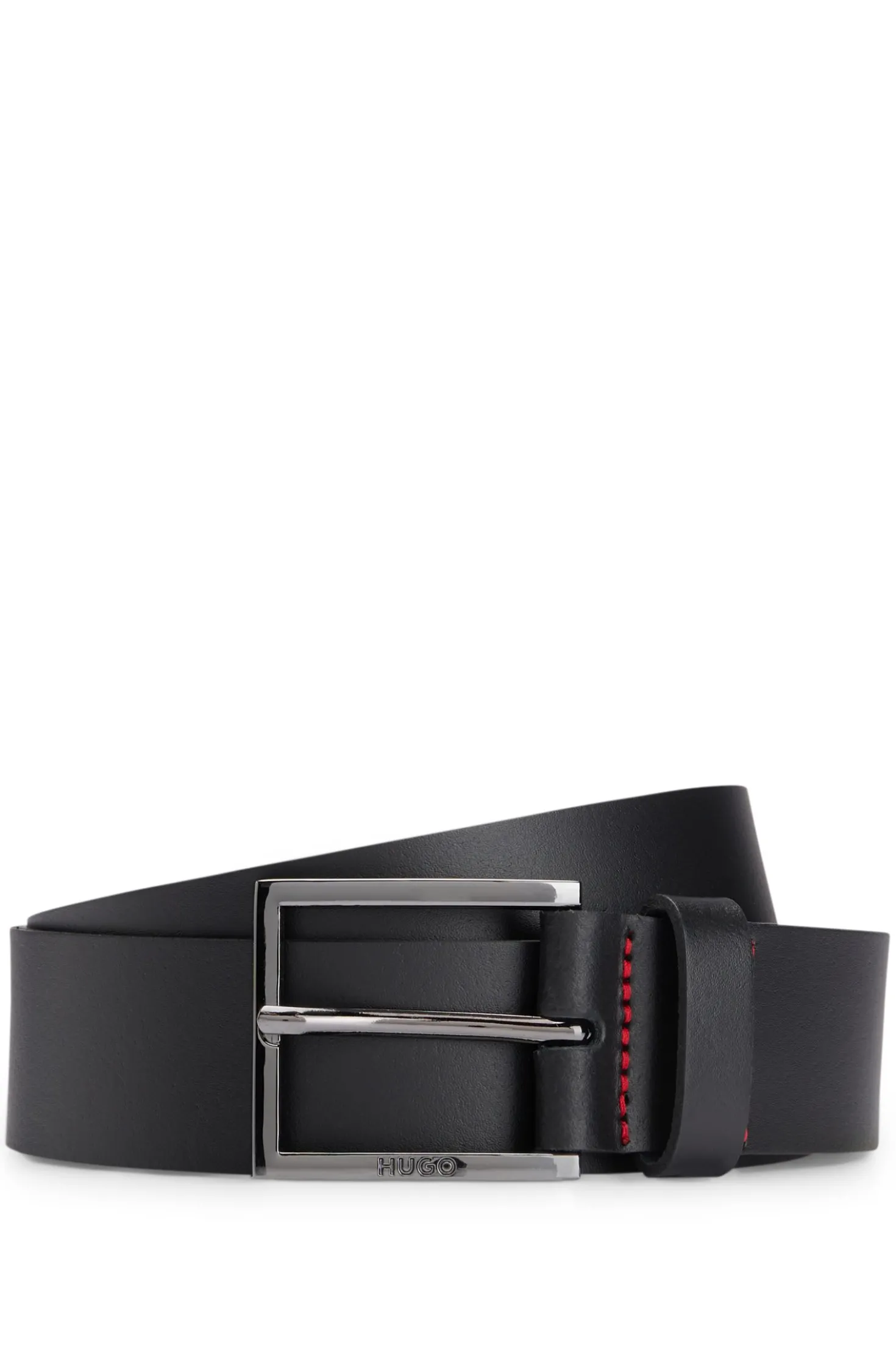 Leather belt with engraved-logo buckle