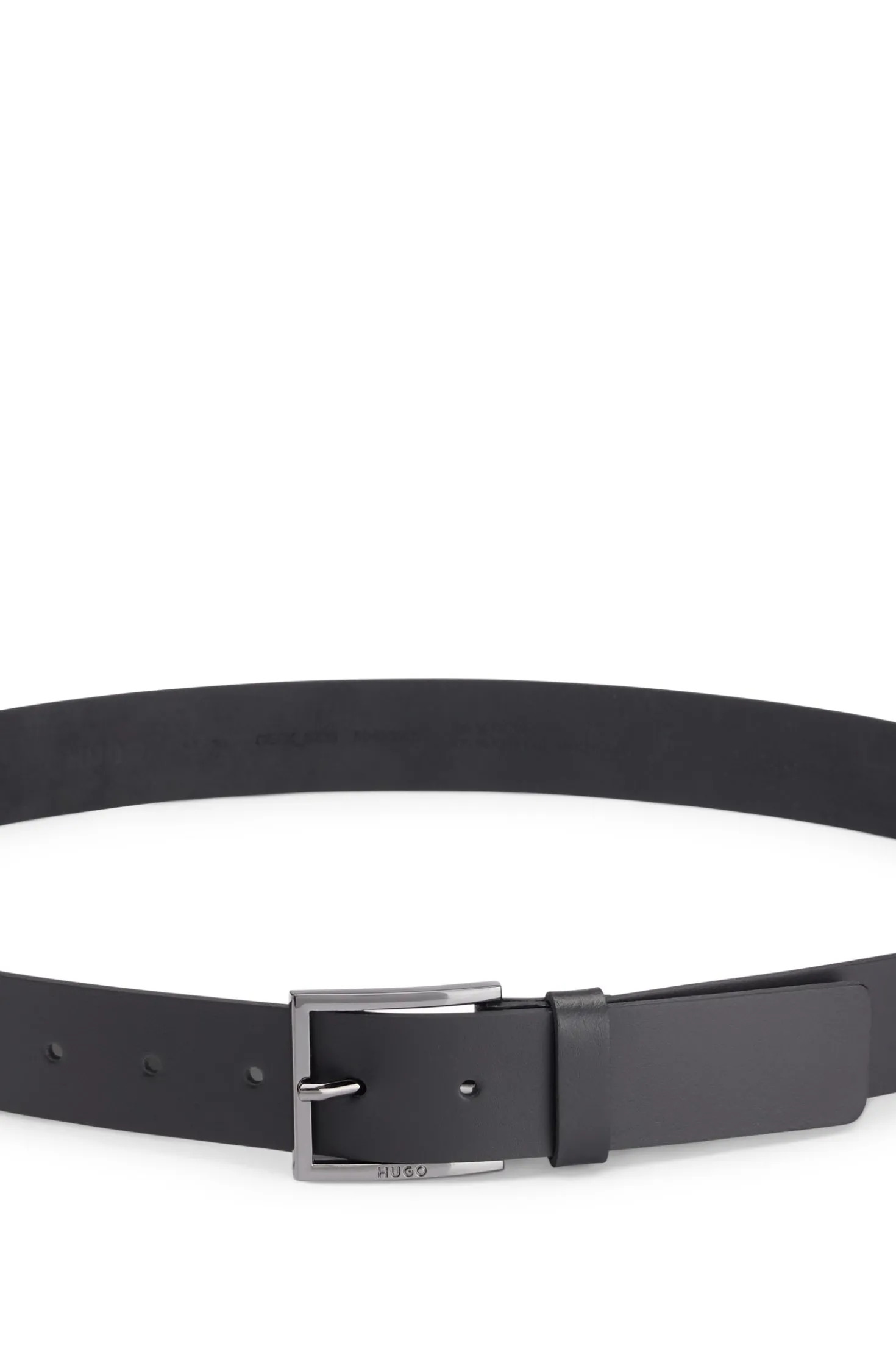 Leather belt with engraved-logo buckle