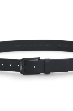 Leather belt with matte-black logo-trim buckle