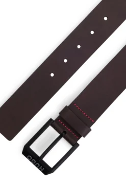 Leather belt with matte-black logo-trim buckle