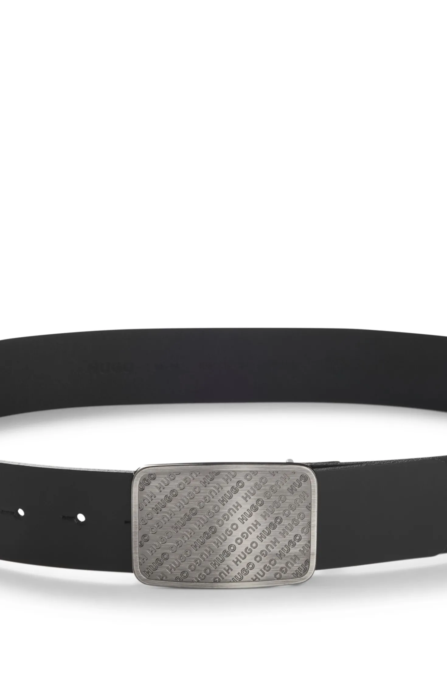 Leather belt with repeat-logo plaque buckle