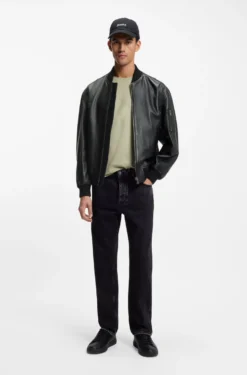 Leather bomber jacket with sleeve pocket