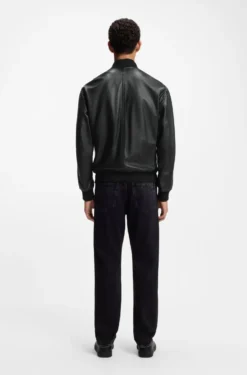 Leather bomber jacket with sleeve pocket