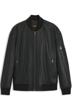 Leather bomber jacket with sleeve pocket
