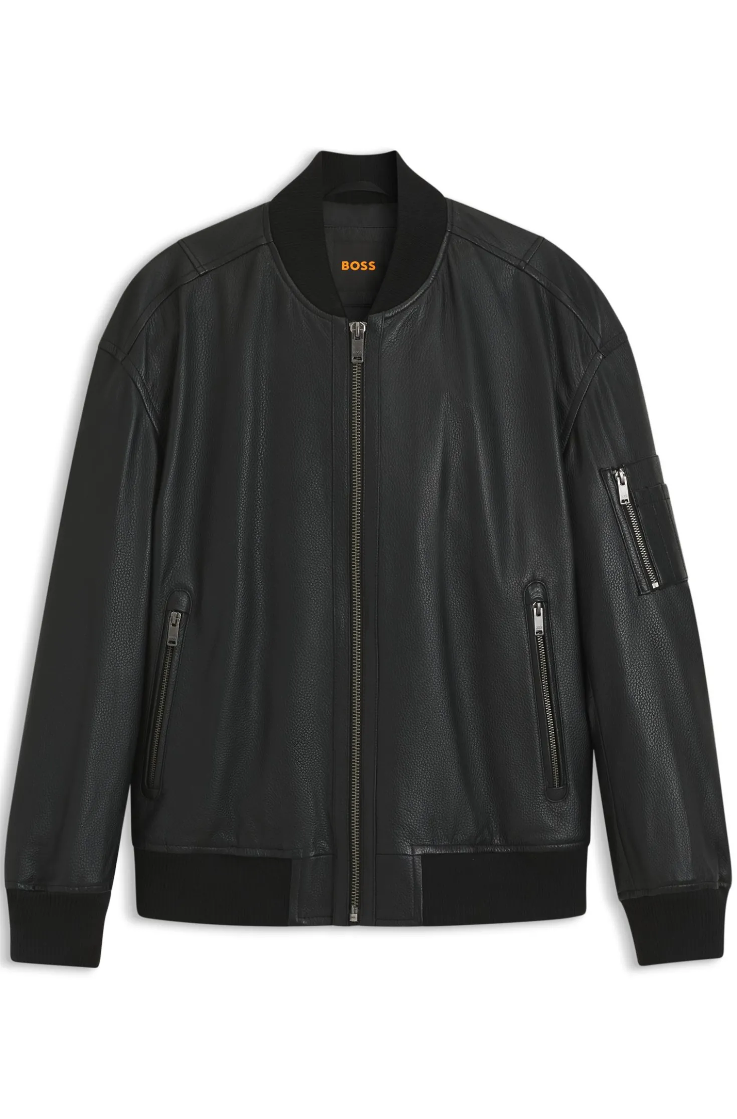 Leather bomber jacket with sleeve pocket