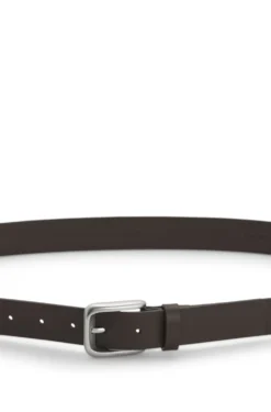 Leather business belt with logo-engraved buckle