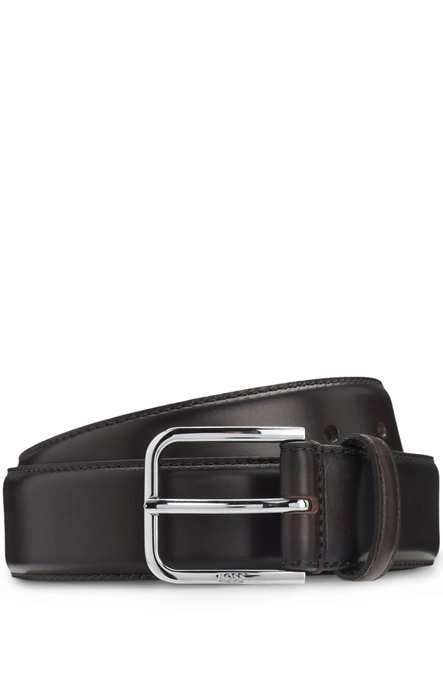 Leather business belt with polished silver buckle