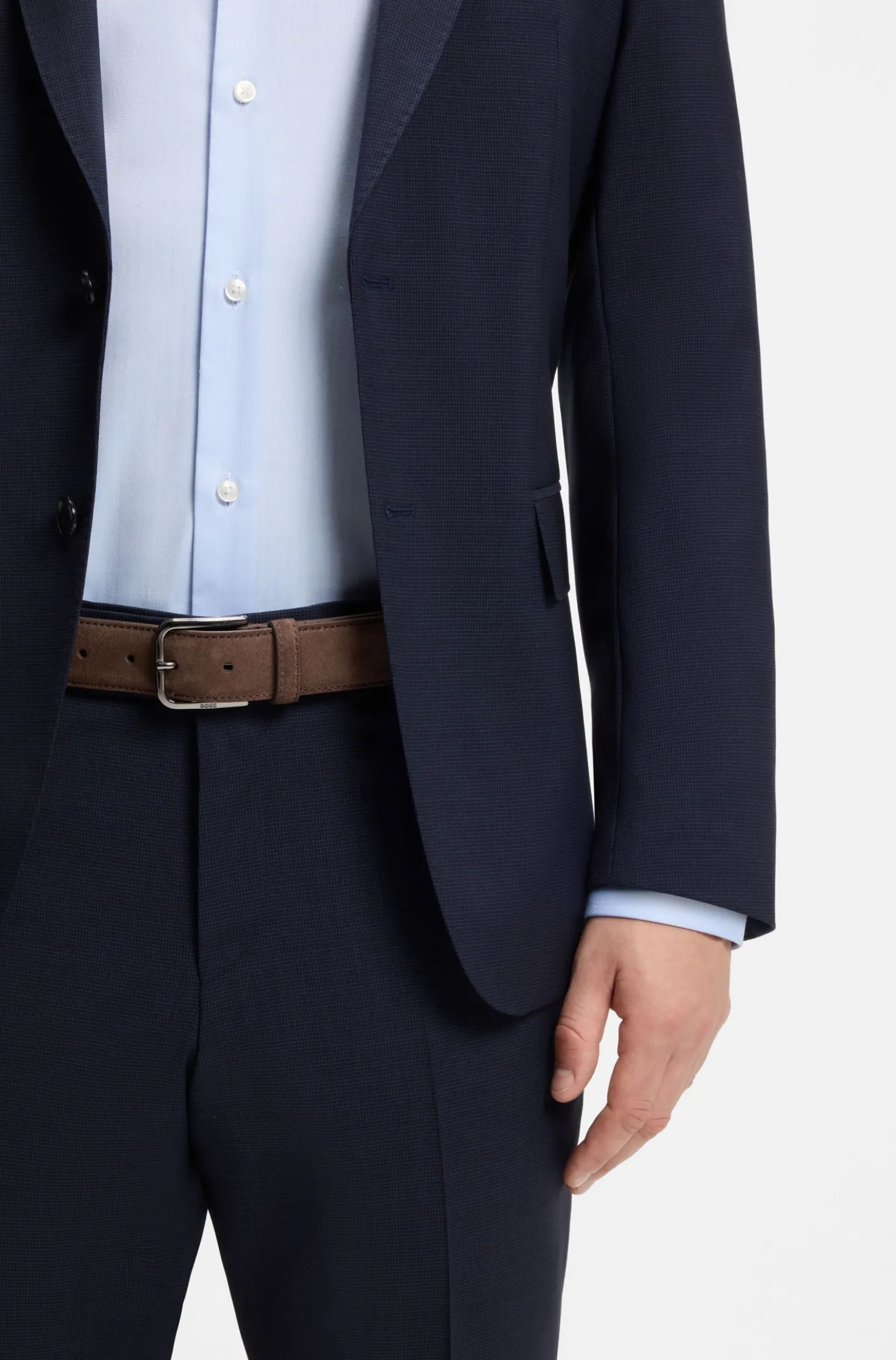 Leather business belt with polished gunmetal buckle
