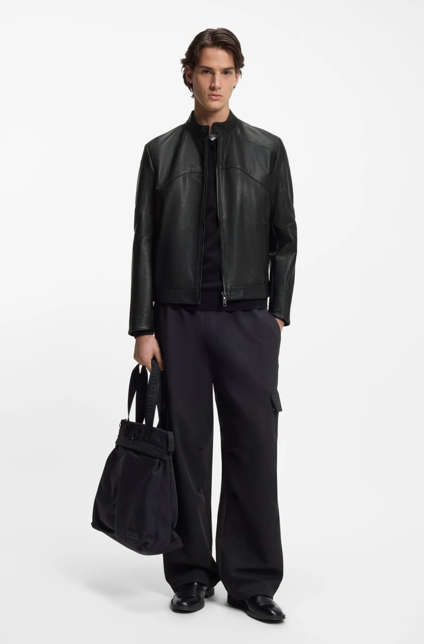 Leather jacket with piped details