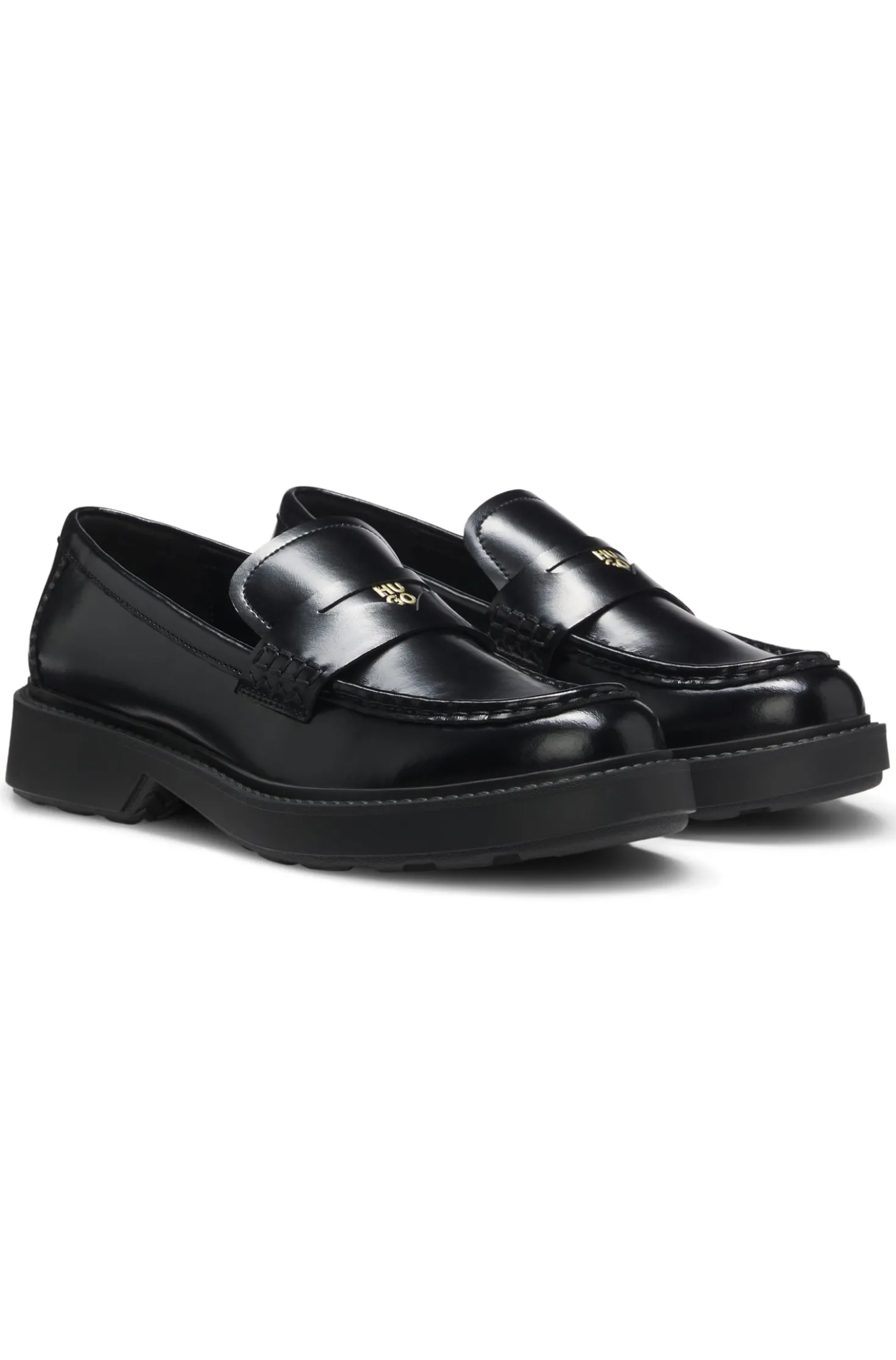 Leather loafers with penny trim and stacked logo