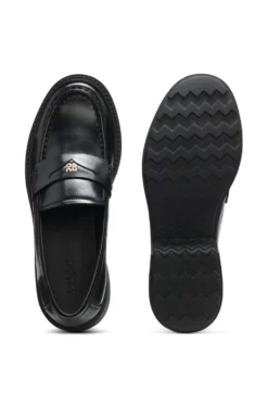 Leather loafers with penny trim and stacked logo