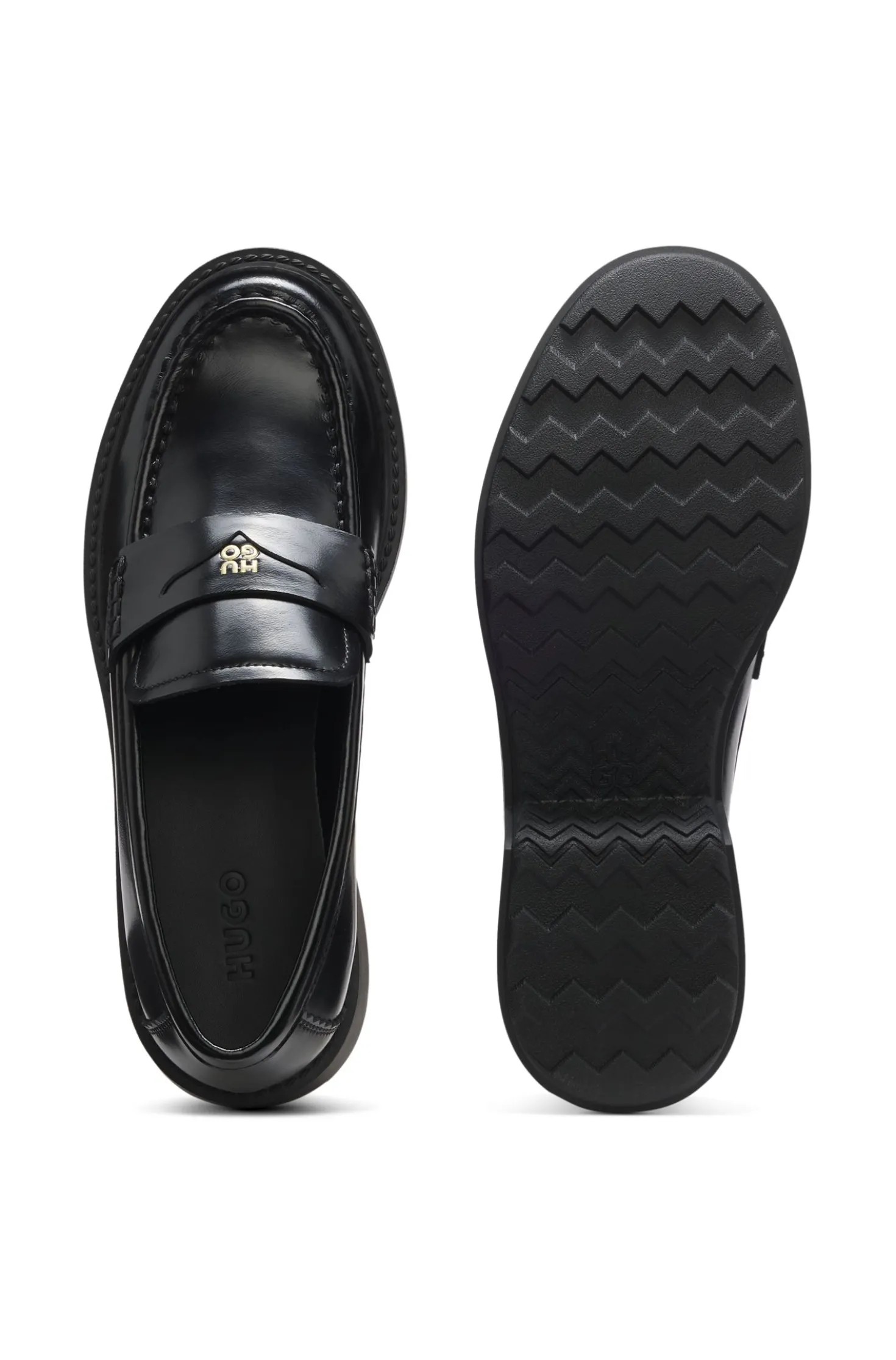 Leather loafers with penny trim and stacked logo