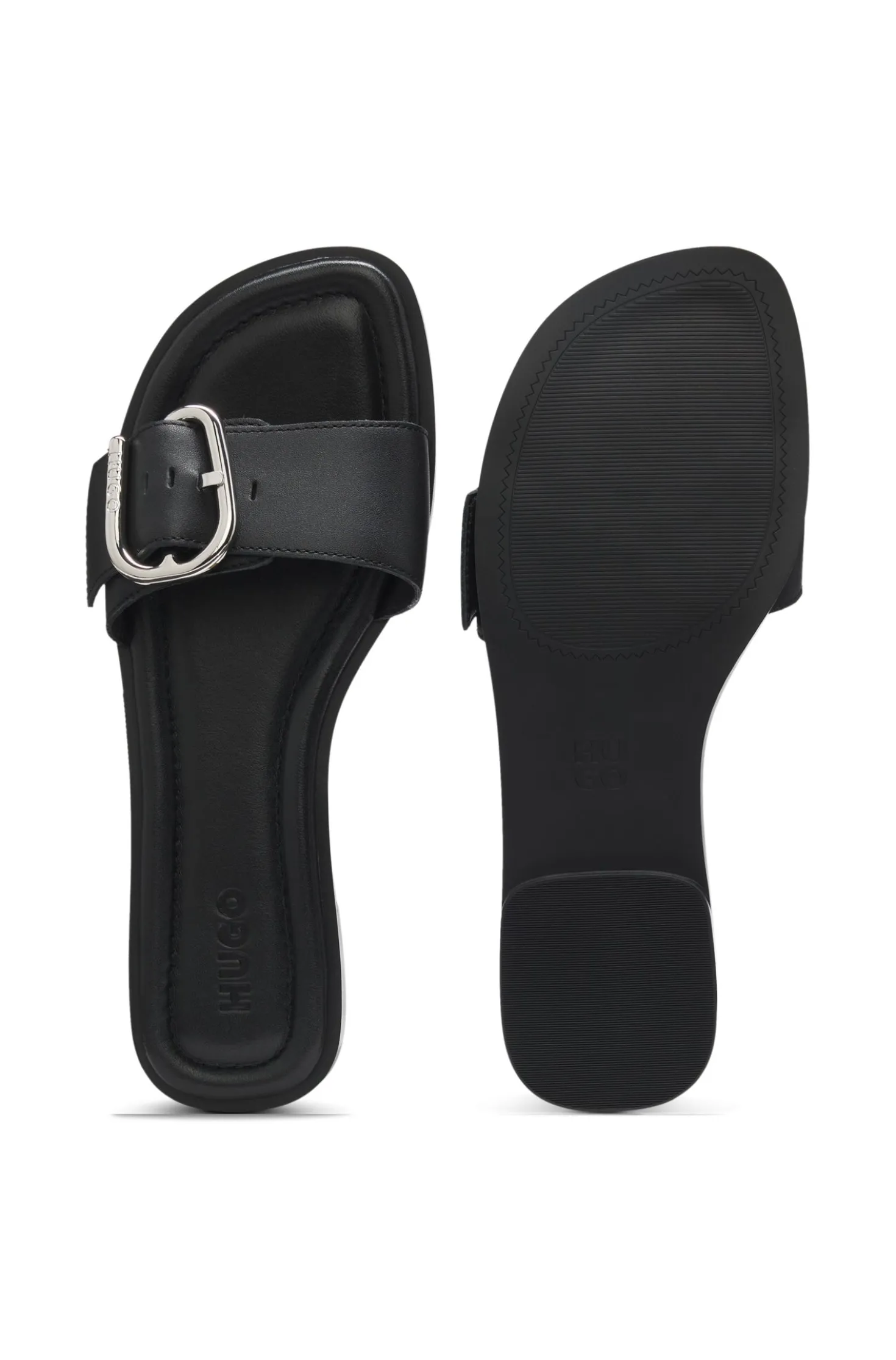 Leather slides with logo buckle