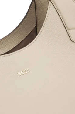 Leather tote bag with metallic logo lettering