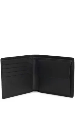 Leather wallet with red stacked logo and coin pocket