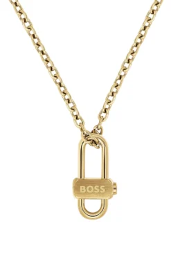 Light-yellow-gold-tone necklace with lock pendant