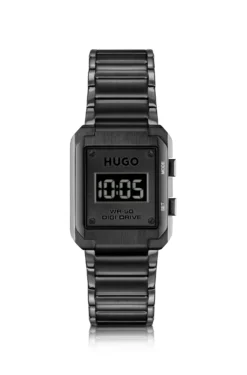Link-bracelet digital watch with black dial