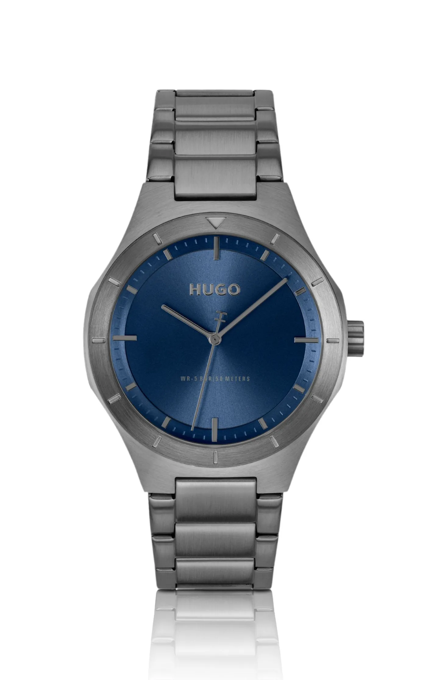 Lit grey-plated watch with blue dial