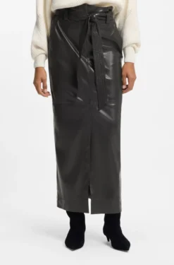 Long-length faux-leather pencil skirt with tie belt