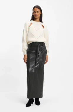 Long-length faux-leather pencil skirt with tie belt