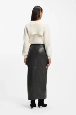 Long-length faux-leather pencil skirt with tie belt