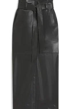 Long-length faux-leather pencil skirt with tie belt