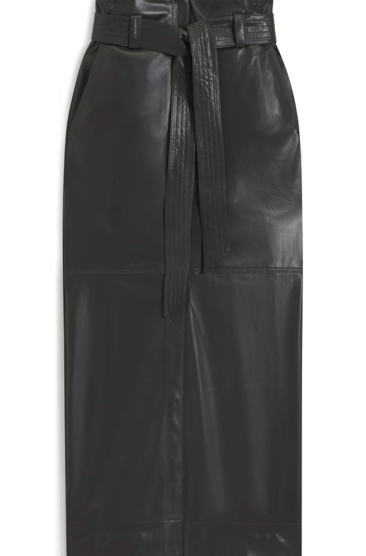 Long-length faux-leather pencil skirt with tie belt