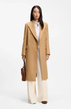 Long-length twill coat with double-breasted closure