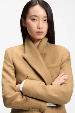 Long-length twill coat with double-breasted closure
