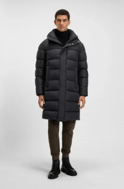 Longline water-repellent padded jacket with hood