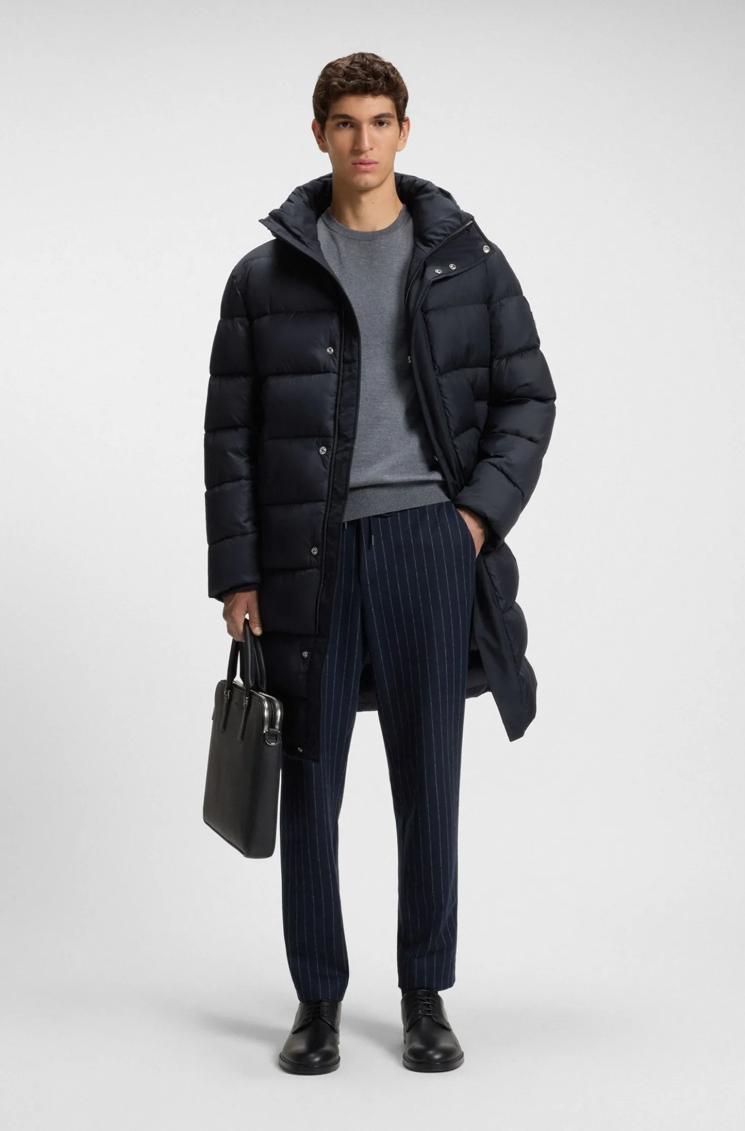 Longline water-repellent padded jacket with hood