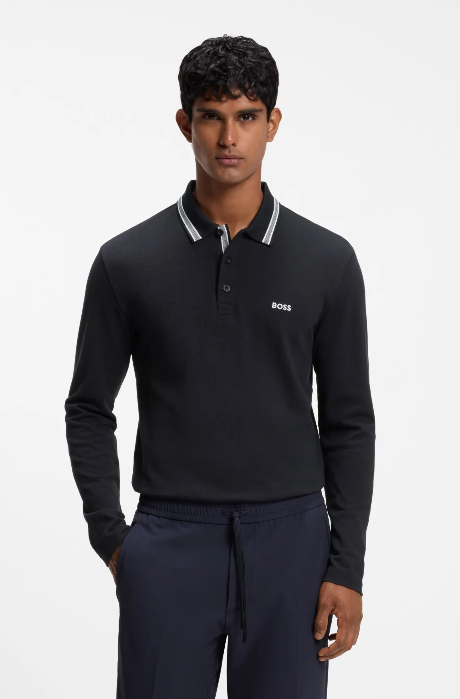 Long-sleeved cotton piqué polo shirt