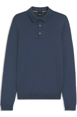 Long-sleeved knit polo sweater in Italian virgin wool